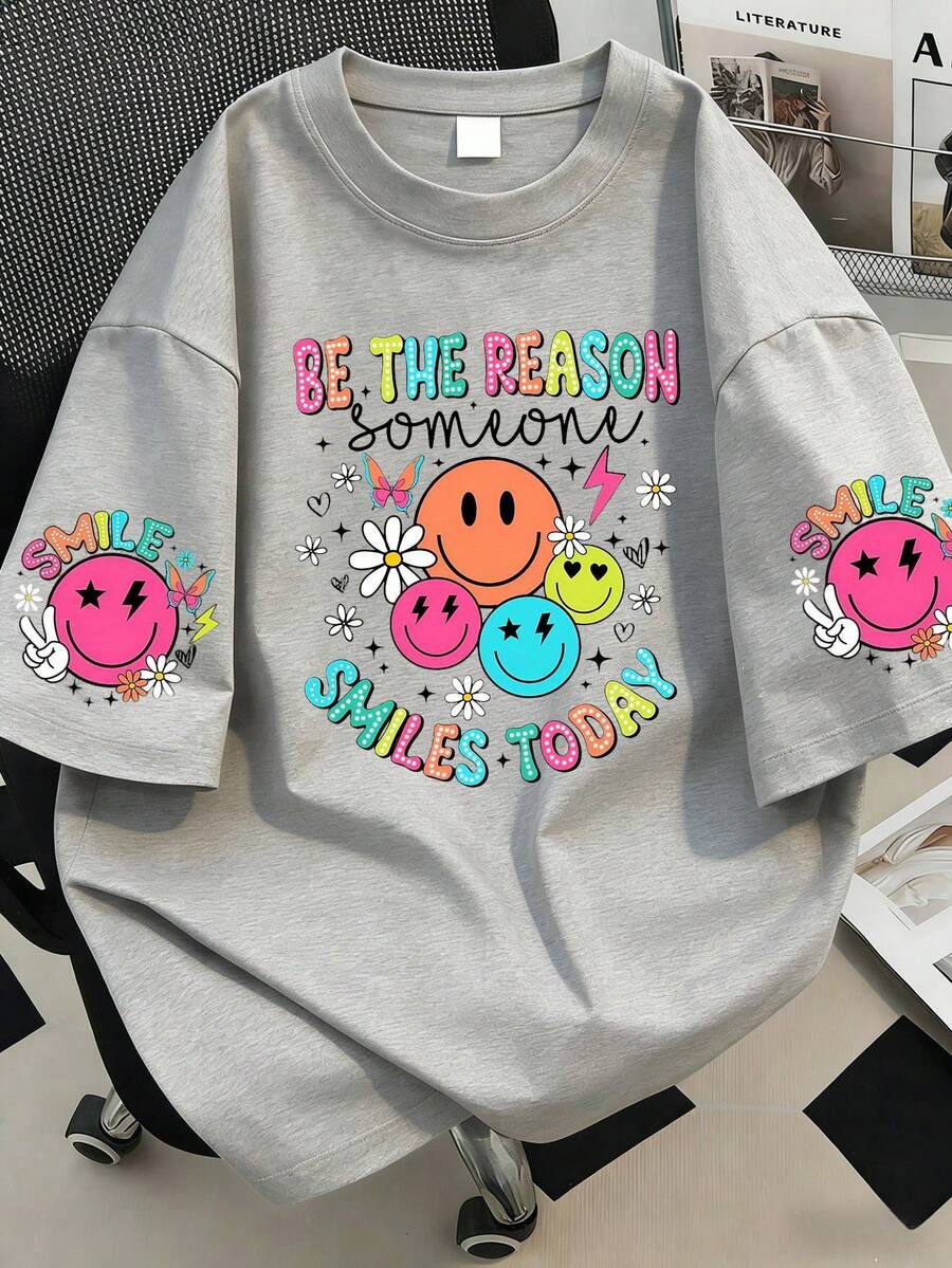 Casual Plus Size Pattern Round Neck T-Shirt, Suitable For Summer Holiday - Grey - View 1