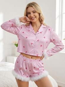 Women Spring Pajamas Set Striped Heart Furry Trim Long Sleeve Tops And Shorts 2 Piece Sleepwear Outfit - 紅色 - 查看 3