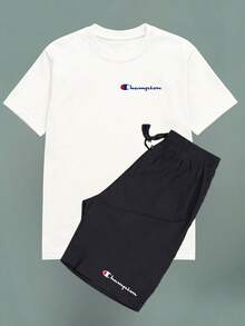 Men's Plus Size Casual Summer Set - T-Shirt And Shorts - Loose Fit, Street Style For Summer + Watch - 白色 - 查看 1