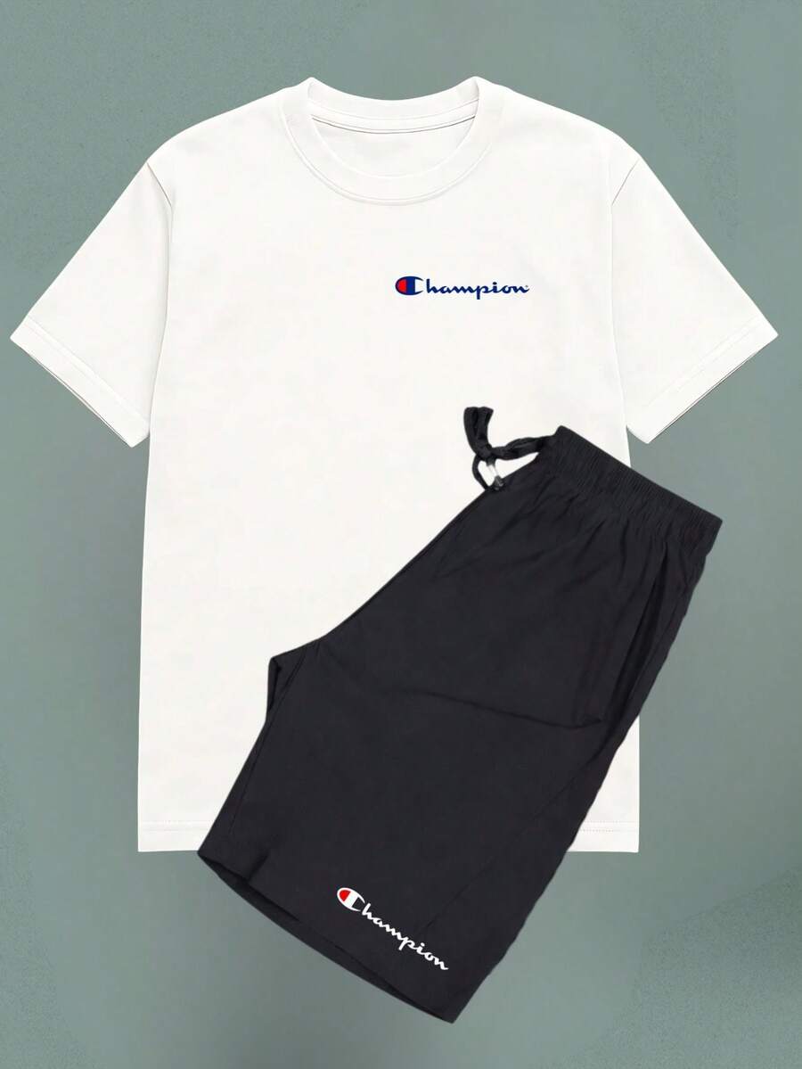 Men's Plus Size Casual Summer Set - T-Shirt And Shorts - Loose Fit, Street Style For Summer + Watch - 白色 - 查看 1