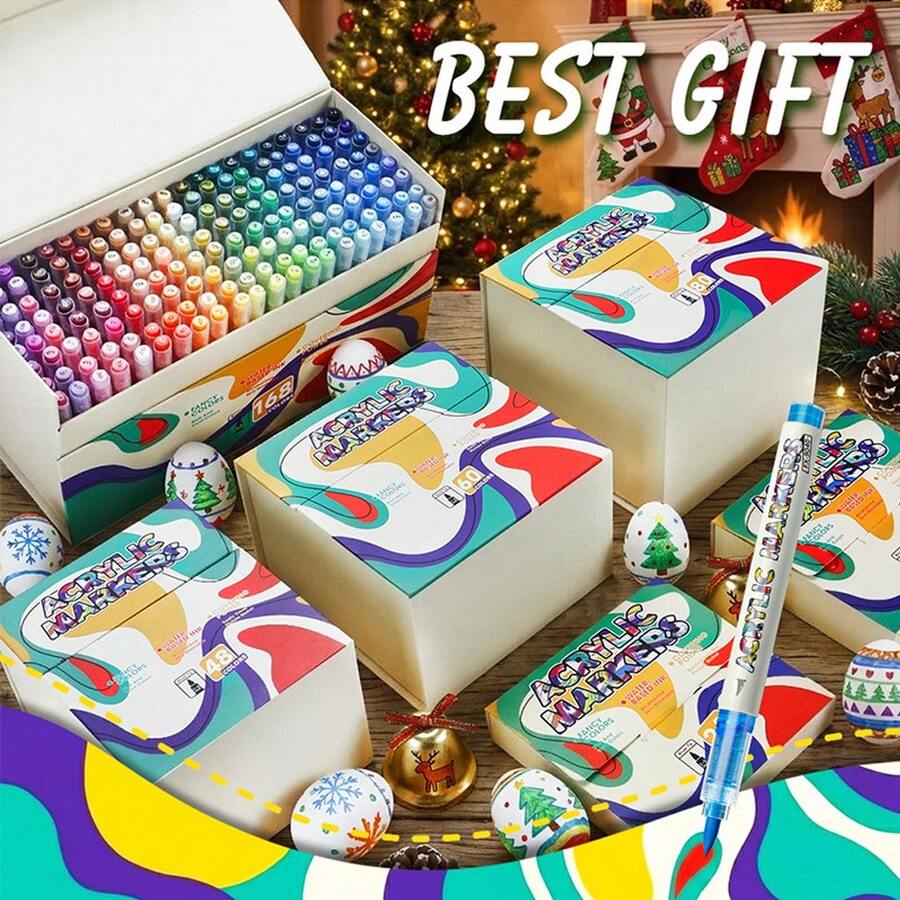 12/24/26/48/60/80/120/168色涂鸦笔，丙烯马克笔，笔尖灵活，混合色套装，防水可叠色，适用于DIY涂鸦绘画，也适用于岩石绘画、书法、剪贴簿、手写、卡片制作、黑色卡纸、石头绘画、圣诞装饰、木材、塑料、画布等材质，精美礼盒包装，特别适合作为男孩/女孩学生礼物、返校礼物和教师奖励。 - 套裝 - 查看 1