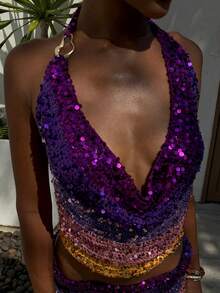 Rainbow Sequin Glitter Top For Women's Disco Queen Party Outfit Costume Cowl Neck Backless Halter Vest For Theme Party Carnival - 彩色 - 查看 2