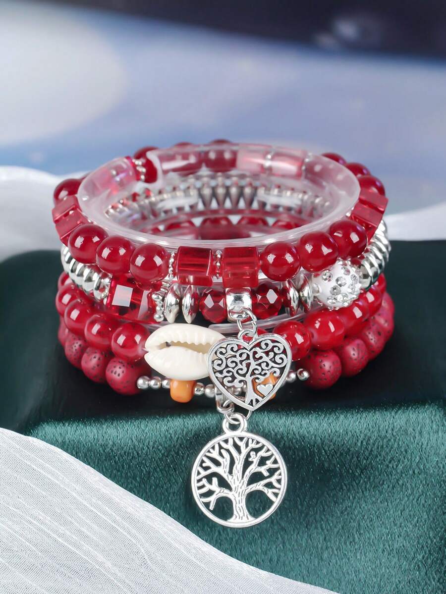 Pulsera de cuentas de vidrio de varios colores, estilo bohemio, elegante, 4 unidades, con colgante de concha de coco y ojo malvado vintage, elástica multicapa, ideal para fiestas de cumpleaños, regalo para amigos y amantes, decoración de joyas. - Rojo - Ver 1