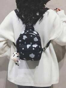 1pc Mini Kawaii Cute Cow Spotted Backpack, Soft Moe Adorable Girly Harajuku Style Canvas Student Schoolbag (Including Pendant) - Black - View 3