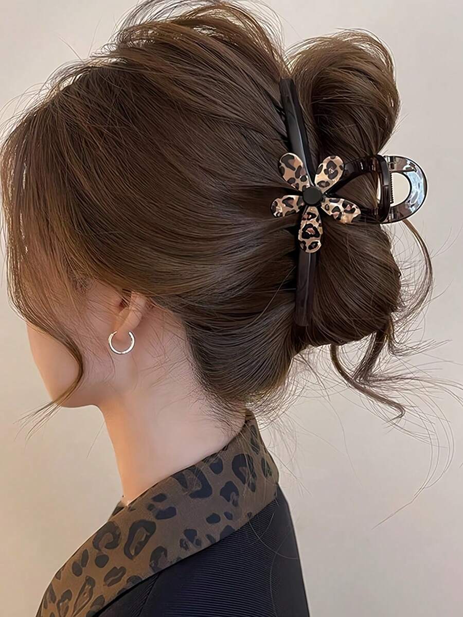 1个豹纹花卉巧克力棕色爪形发夹，新款时尚高端发饰，秋季时尚女士发夹，优雅爪形发夹，冬季发饰，女士蝴蝶结，适合节日装扮 - 多色 - 查看 1