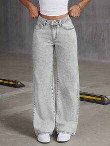 Tween Girls' Loose Fit Casual Comfortable Solid Color Straight Leg Wide Leg Jeans - Light Grey - View 3