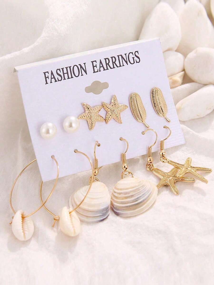 6 对/套夏季波西米亚风贝壳海星耳环套装，适合女士、海滩度假派对珠宝配饰 - 耳環套裝 - 查看 1