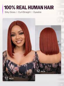 MEGALOOK 14英寸红棕色波波头假发，100%真人发，透明蕾丝，13x4蕾丝前额假发，#33色真人发直发波波头假发 - 自然逼真，适合日常佩戴，可打造办公室、僵尸新娘、万圣节、派对、Y2K风格、度假、户外角色扮演、校园、学校假期、圣诞节、派对、婚礼、节日等各种场合，适合女性佩戴。 - S33 - 查看 4