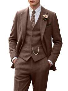 Furuyal 秋冬男士人字纹粗花呢三件套西装，绅士纯色双排扣修身正式商务西装套装，包含单排扣西装外套、马甲和西裤，适合晚宴、派对等场合，复古绅士风格，棕色，尺码 XS-3XL - 棕色 - 查看 1