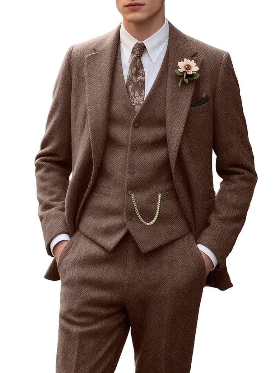 Furuyal 秋冬男士人字纹粗花呢三件套西装，绅士纯色双排扣修身正式商务西装套装，包含单排扣西装外套、马甲和西裤，适合晚宴、派对等场合，复古绅士风格，棕色，尺码 XS-3XL - 棕色 - 查看 1