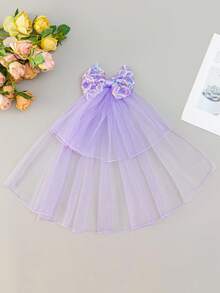 女婴波点泡泡袖蝴蝶结薄纱紫色婚礼派对礼服，优雅公主裙，适合女孩生日、周年纪念、派对、宴会、舞会、节日庆典等场合，附赠头饰 - 紫色 - 查看 7