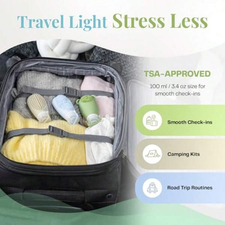 Juego de botellas de viaje de silicona de 3 unidades 100 g con bolsa TSA Recipientes de aseo aprobados por TSA a prueba de derrames Botellas rellenables para champú con suave exfoliación -009 - Conjunto de elementos - Añade 1