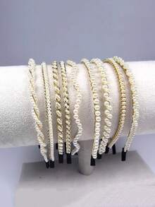 4件套 - 时尚珍珠发箍 - 女孩简约编织发箍 - 简约多功能发夹 - 乡村风旅行摄影发饰 - 仙女般珍珠发箍 - 彩色 - 查看 6