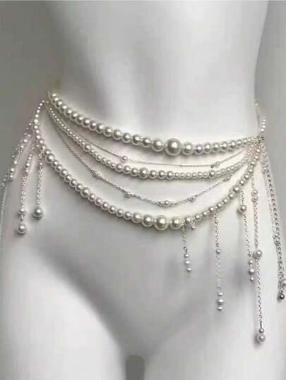 1pc Fashionable Luxurious Casual Elegant Exquisite Unique Lightweight Luxury Pearl Multi-Layer Tassel Waist Chain, Women Vacation Casual Jewelry