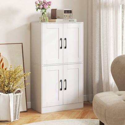  COSTWAY Pantry Cabinet, Floor Storage Cabinet With Doors & Adjustable Shelves, Storage Organizer, Storage Unit For Living Room Entryway Kitchen, White
