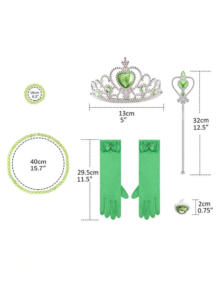 8pcs/Set Girls Green Floral Print Dress, Crown, Magic Wand, Necklace, Bracelet, Ring Costume Accessories Set, For Kids Role Play, Halloween, Christmas, Carnival - Green - View 11