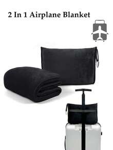 1pc Travel Blanket & Pillow Set, Premium Soft 2-In-1 Airplane Blanket With Soft Pillow Cover, Travel Pillow Case, Luggage Handle Wrap And Backpack Clip, Easter Gift, Travel Pillow, Travel Accessories, Suitable For Car, Plane, Airport, Camping And More - Black - View 2