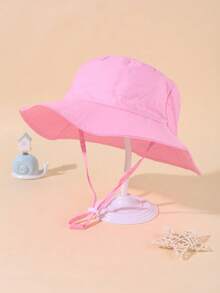 1 件儿童纯色抽绳渔夫帽，可调节尺寸，户外防晒休闲帽，适合男孩和女孩，春秋季，旅行，海滩度假 - 粉色 - 查看 8