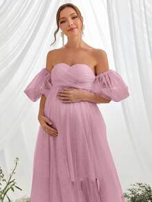 Faeriesty 优雅孕妇浅粉色露肩泡泡袖长款派对礼服 - 藕粉色 - 查看 1