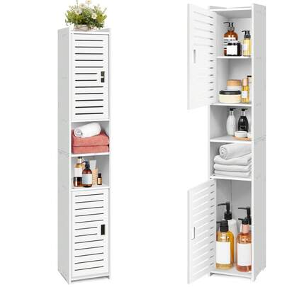 White 5 Tier Double Door Bathroom Storage Cabinet 116CM Tall, 20x20x116CM Freestanding High Mounted Toilet Paper Storage Cupboard For Small Bathroom Space Saver