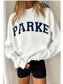 2026 LC Unisex Casual PARKE Letter Print Loose Pullover Sweatshirt, Encountering Lazy Fashion. Casual Daily Wear,Winter Clothes Women,Clothes,Hoodie,Tops,Spring Break,Long Sleeve Tops WomenCasual Daily Wear,-Shirt,Retro-Shirt,Clothing Autumn And Winter,Male And Female Neutral Short Sleeves,Clothes Plus Size,Sweatshirt,Clothes Women,Tops,New Year's Clothing,Womens Tops,Spring,Summer Tops Women,Spring Clothes,Vacation Outfits Women,Valentines Gifts,Summer Outfits - 白色 - 查看 2