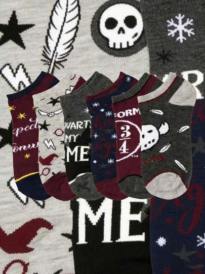 Warner Bros 6双随机春夏男女通用时尚哈利波特主题字母/数字图案百搭舒适透气撞色船袜