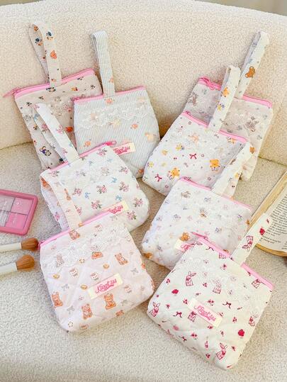 1pc Floral Pattern Multi-Functional Portable Cosmetic Bag, With Handle, Can Be Used As Skincare Product Organizer, Phone Pouch, Makeup Bag, Power Bank Organizer, Charger Organizer, Cable Organizer, Key Organizer, Lipstick Organizer, Sanitary Pad Organizer, Travel Makeup Bag, Mother's Day Gift, Back To School Gift, New Year Gift