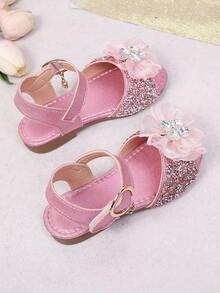 1双复古女童凉鞋，镂空蝴蝶结和水钻装饰，甜美风格，夏季新款防滑橡胶鞋底露趾透气时尚，适合派对、度假，透气露趾沙滩鞋，软底防滑沙滩凉鞋 - 粉色 - 查看 3