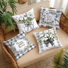 4pcs Simple Plaid & Floral Print Pillow Covers [Single-Sided Print], 17.7*17.7in(45*45cm)/19.69*19.69in(50*50cm)/15.75*15.75in(40*40cm), Spring Black & White Plaid White Floral Cushion Covers For Home, Sofa, Bedroom, Car Decor [Pillow Insert Not Included], Suitable For Daily Use, Home Decoration, Minimalist Style - Multicolor - View 10
