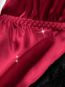 情人节礼物蕾丝缎面性感内衣套装 - 吊带开衩文胸和弹力短裤 - 女士贴身睡衣 - 酒紅色 - 查看 4