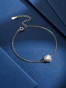 1pc 925 Sterling Silver Heart-Shaped Bracelet, Romantic & Elegant Women's Bracelet, Suitable For Daily Wear, Dates, New Year, Valentine's Day Gifts - Silver - View 3