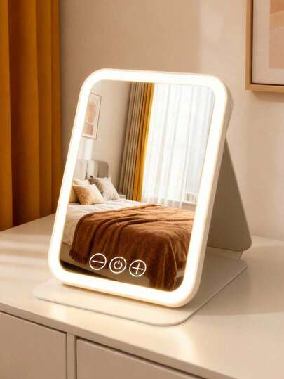 LED Makeup Mirror, Foldable Tabletop Makeup Mirror With Lights, 3 Lighting Modes Vanity Mirror, Tabletop Mirror, USB Rechargeable Makeup Mirror, Travel Makeup Mirror, PU Leather, Gift For Her