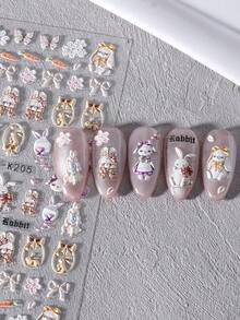 1片5D立体浮雕可爱兔子美甲贴纸，粉色蝴蝶结胡萝卜复活节图案，DIY美甲装饰贴纸，美甲工具配件，美甲用品，美甲贴纸 - 彩色 - 查看 9