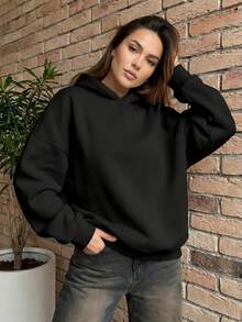 简约设计女士宽松长袖套头卫衣，适合秋季、冬季、春季穿着，也可作为万圣节服装、休闲外套，黑色，时尚女式卫衣 - 黑色 - 查看 4