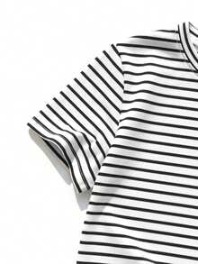 1pc Girls All-Match Black & White Striped Short Sleeve T-Shirt, Round Neck, Versatile Summer Top - White - View 3