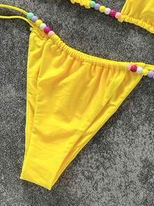 Sexy Yellow Beaded Bikini Set | Must-Have For Valentine's Day Date | Alluring Camisole Top + Playful Swim Bottoms, Decorated With Colorful Accents | Perfect For Beach Vacation And Pool Party - Yellow - View 8