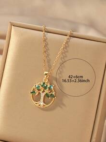 1pc Women's Green Turquoise Tree Of Life Pendant Necklace, Green Zirconia Inlaid, Symbolizing Eternal Life, Suitable Gift For Mom, Girlfriend, Valentine's Day, Birthday - Yellow Gold - View 3
