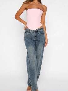 Womens Strapless Bustier Corset Top Y2k Lace Trim Boned Overbust Corset Lace-Up Backless Bodyshaper Tube Top Rave Club Going Out Bustier - Hồng - Xem 6