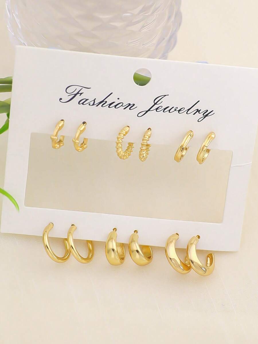 6 Pairs Geometric Creative Fashion Minimalist Everyday Versatile Delicate Small Stud Earrings For Women - Yellow Gold - View 1
