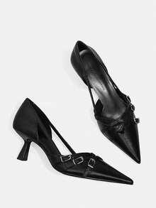 女士时尚尖头高跟鞋，百搭优雅搭扣细跟法式低帮鞋，穿着舒适 - 黑色 - 查看 2