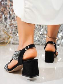 水晶装饰露趾绑带凉鞋，性感镂空高跟鞋 - 黑色 - 查看 6