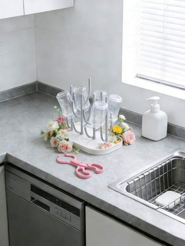 1pc Bottle Drying Rack [Drip Tray + Sturdy Stand + Large Capacity Hooks + Material] - Baby Bottle Drying / Feeding Utensil Storage / Kitchen Tableware Organizer / Baby Supplies Arrangement / Countertop Storage / Bottle Accessories Drying / Portable Outdoor Storage / Daily Cleaning Drying