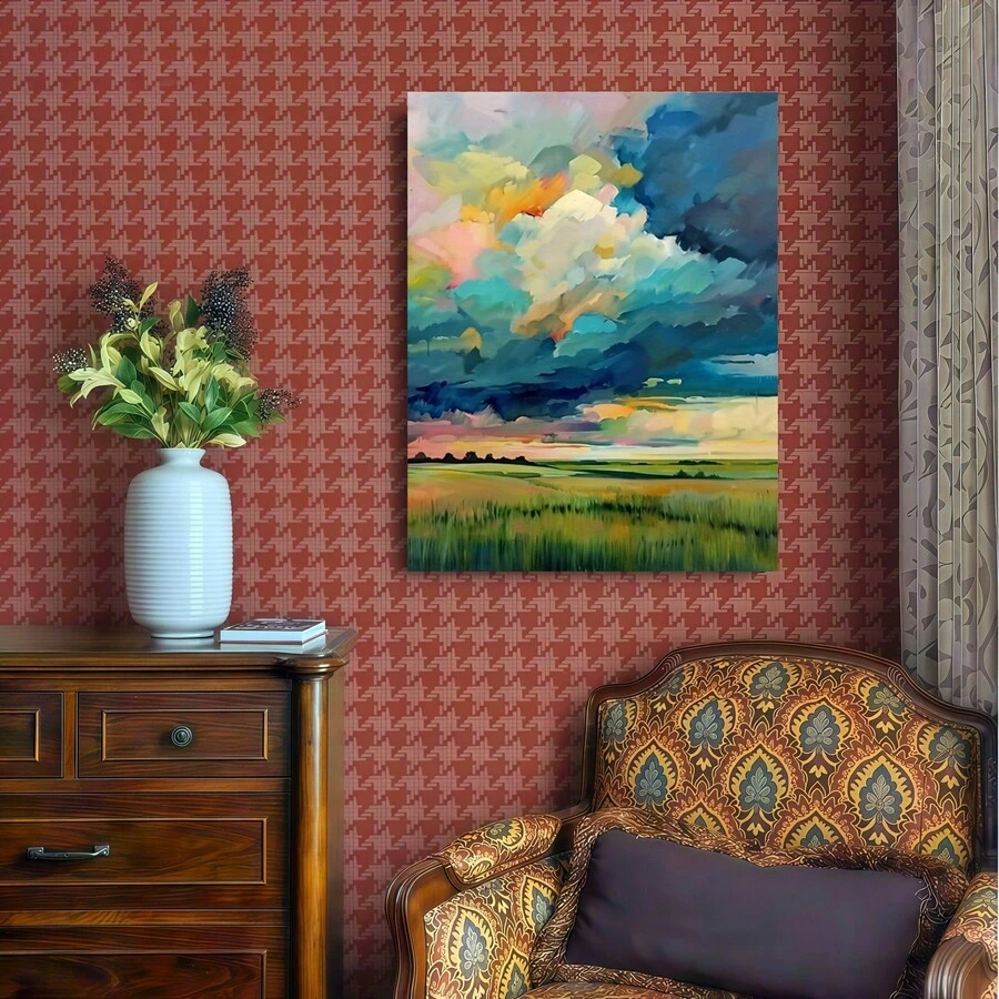 Framed Canvas Poster Print Wall Art 1pc Wooden  Canvas Painting, Meadow Landscape , Artwork For Office, Home, And Living Room Decoration A Halloween Christmas Gifts - Framed - 查看 1