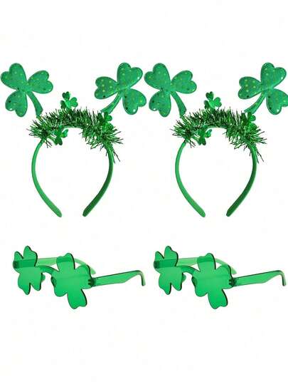 2件套圣帕特里克节配饰 - 绿色三叶草发箍、三叶草眼镜、爱尔兰头饰服装配饰、男女通用圣帕特里克节派对用品、圣帕特里克节眼镜、四叶草图案绿色幸运塑料百叶窗眼镜、爱尔兰圣帕特里克节配饰