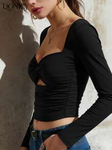 DONICY 女士黑色方领扭结镂空长袖露脐上衣，适合情人节、狂欢节和日常穿着 - 黑色 - 查看 3