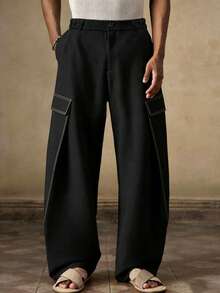 Men's Black Wide Leg Cargo Pants With Contrast Stitching And Button Waist, Street Style - Black - View 1
