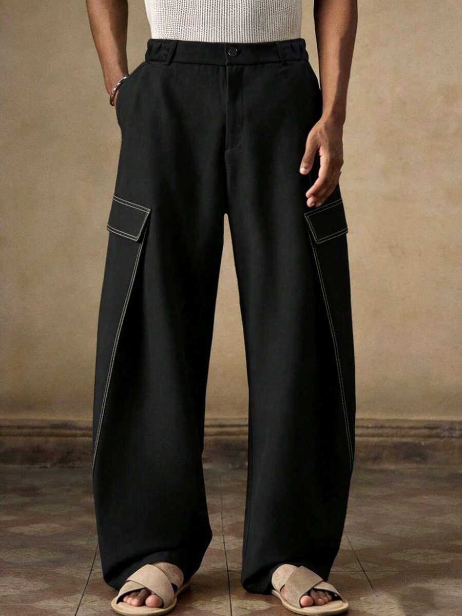 Men's Black Wide Leg Cargo Pants With Contrast Stitching And Button Waist, Street Style - Black - View 1
