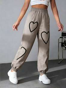 Heart Print Sporty Women's Drawstring Pants, Casual Commuter Slim Fit Lightweight Polyester Jogger Pants For Summer Spring - Khaki - View 5