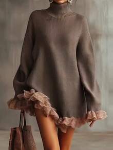 Autumn New Knitted High Neck Ruffle Edge Spliced Long Sleeved Gray Sweater, Graduation Gift, Must-Have For Returning To School, Casual Commuting Style, Street Style  Casual    Rib-Knit  Contrast Faux Fur    Vacation  Beach - 棕色 - 查看 1