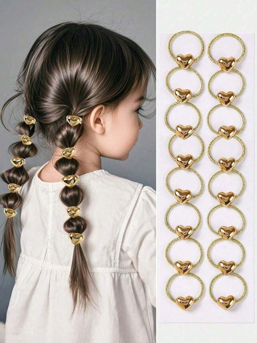 10pcs/Pack Mini Heart Shaped Metallic Elastic Hair Ties For Teen Girls, Cute Princess Style, Versatile, Gentle On Hair, Suitable For Daily Use - 彩色 - 查看 1